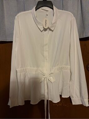 White Button-Front Tie-Waist Blouse